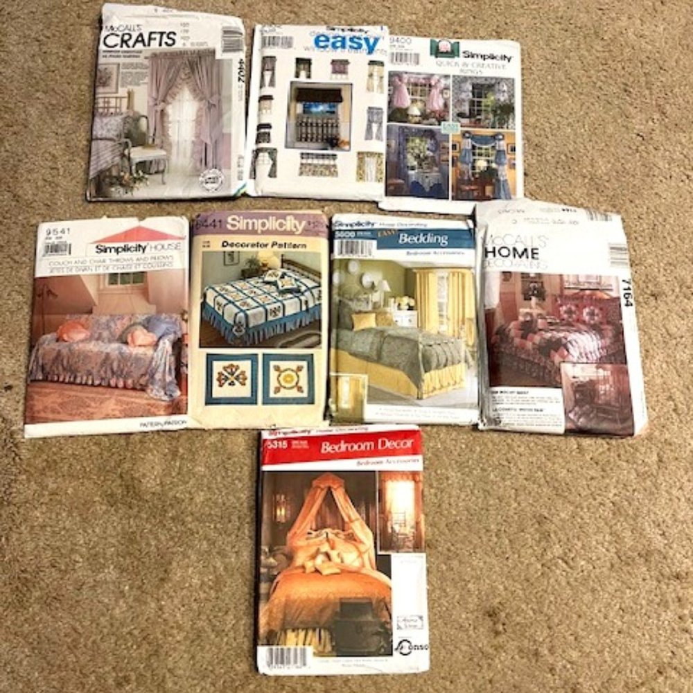 Bundle of 8 Sewing Patterns Crafts Home Decor Window Treatments Pillows Quilts